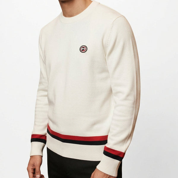 Premium Exclusive High-End Authentic White Crew-Neck Pullover with Classic Stripe Accents