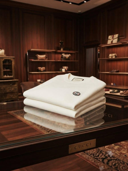Premium Exclusive High-End Authentic White Crew-Neck Pullover with Classic Stripe Accents