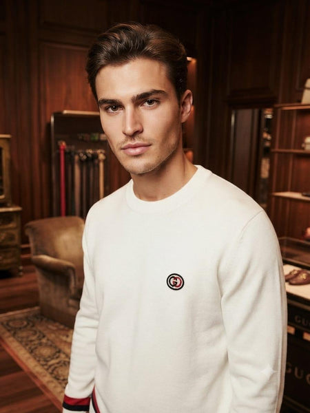 Premium Exclusive High-End Authentic White Crew-Neck Pullover with Classic Stripe Accents