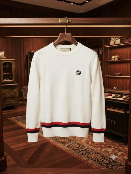 Premium Exclusive High-End Authentic White Crew-Neck Pullover with Classic Stripe Accents