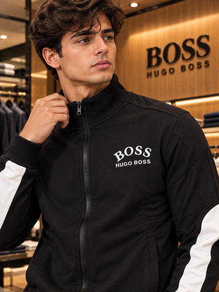 Premium Exclusive High-End Authentic Black Tracksuit Set with White Contrast Stripes