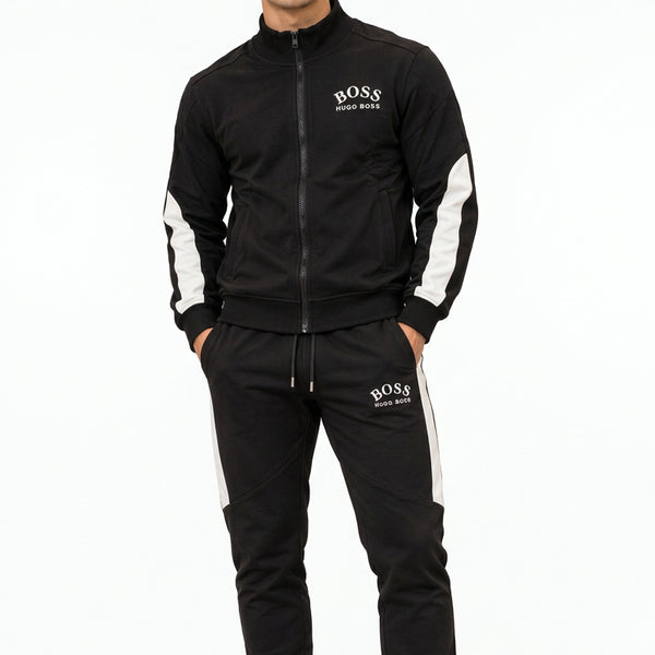 Premium Exclusive High-End Authentic Black Tracksuit Set with White Contrast Stripes
