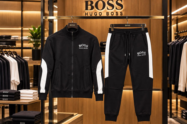 Premium Exclusive High-End Authentic Black Tracksuit Set with White Contrast Stripes