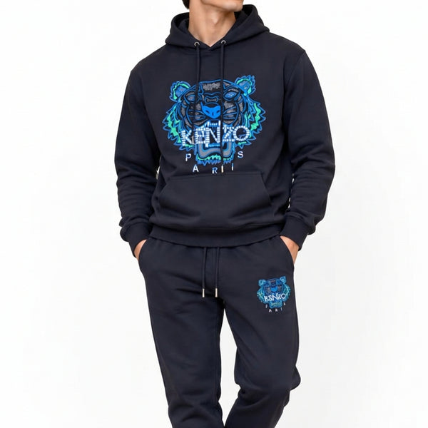 Premium Exclusive High-End Authentic Navy Tracksuit Set with Bold Embroidered Tiger Graphic