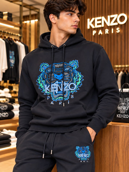 Premium Exclusive High-End Authentic Navy Tracksuit Set with Bold Embroidered Tiger Graphic