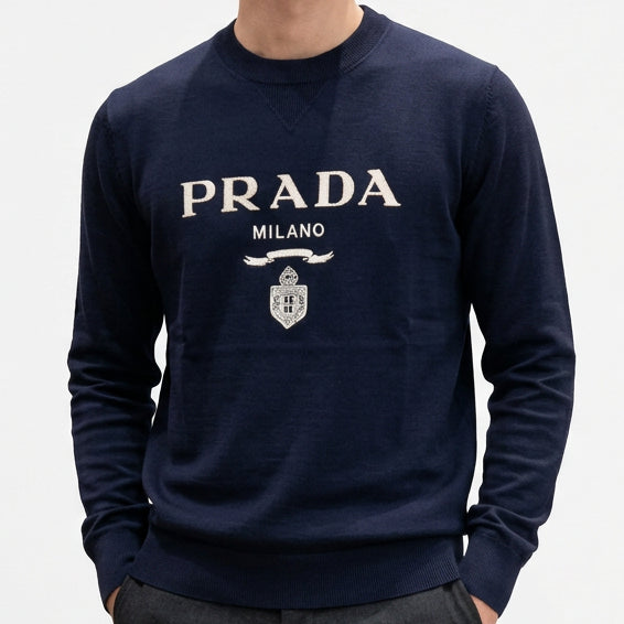 Premium Exclusive High-End Authentic Navy Crew-Neck Pullover with Classic Emblem Print