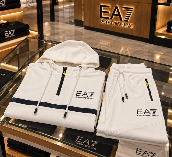 Premium Exclusive High-End Authentic White Tracksuit Set with Contrast Stripe Detail