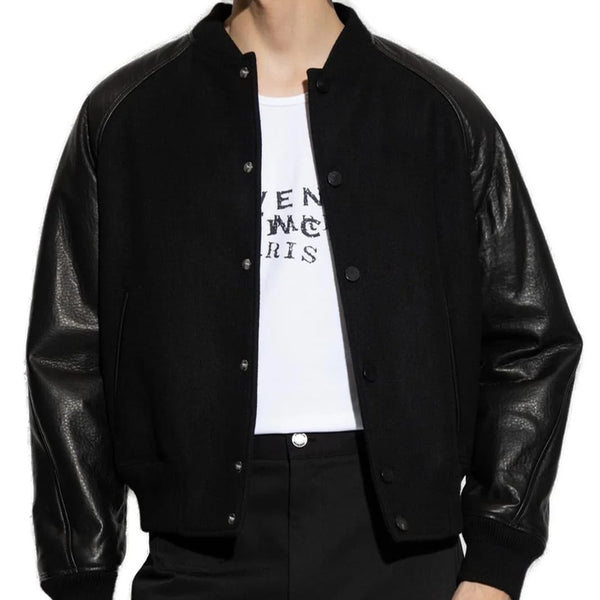 Premium Exclusive High-End Authentic Black Wool-Blend Bomber Jacket with Leather Sleeves