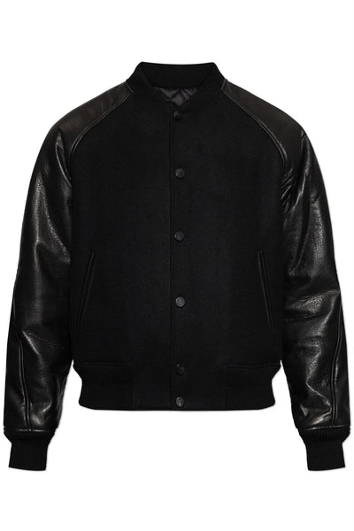 Premium Exclusive High-End Authentic Black Wool-Blend Bomber Jacket with Leather Sleeves