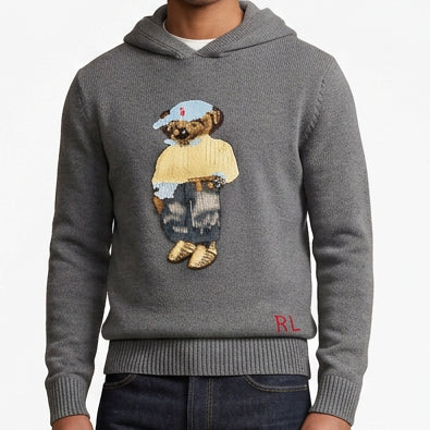Premium Exclusive High-End Authentic Knit Hoodie with Embroidered Bear Graphic