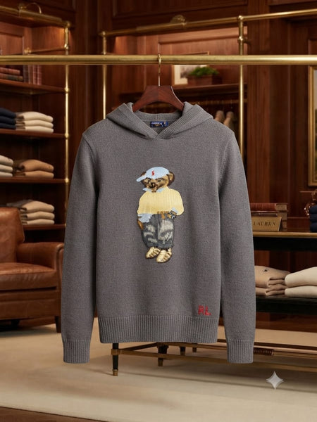 Premium Exclusive High-End Authentic Knit Hoodie with Embroidered Bear Graphic