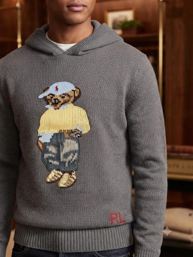 Premium Exclusive High-End Authentic Knit Hoodie with Embroidered Bear Graphic