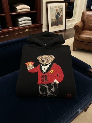 Premium Exclusive High-End Authentic Knit Hoodie with Embroidered Bear Graphic