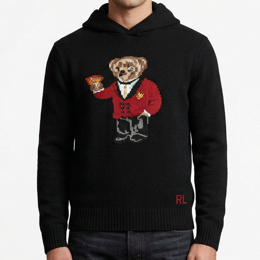 Premium Exclusive High-End Authentic Knit Hoodie with Embroidered Bear Graphic