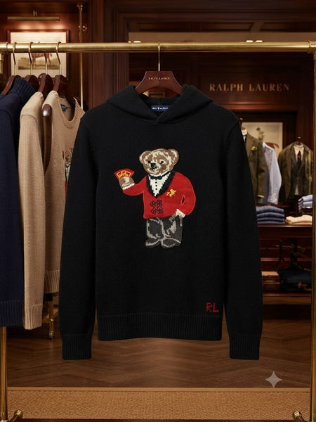 Premium Exclusive High-End Authentic Knit Hoodie with Embroidered Bear Graphic