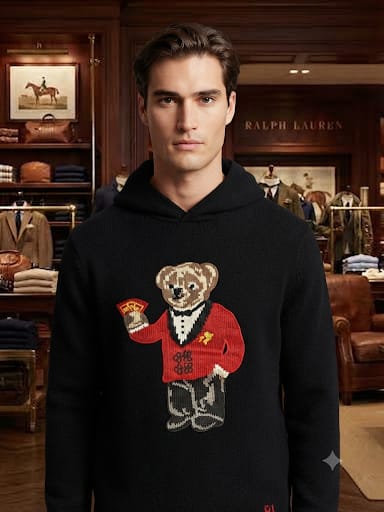 Premium Exclusive High-End Authentic Knit Hoodie with Embroidered Bear Graphic