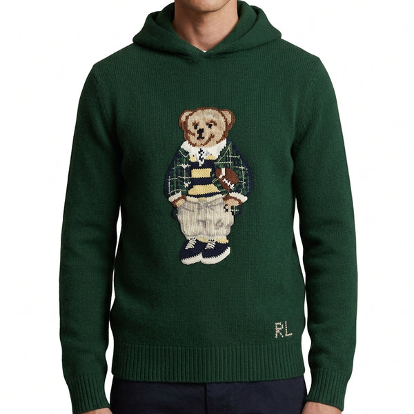 Premium Exclusive High-End Authentic Forest Green Knit Hoodie with Embroidered Bear Graphic