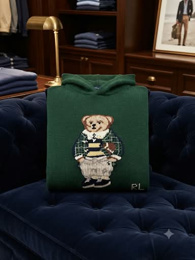 Premium Exclusive High-End Authentic Forest Green Knit Hoodie with Embroidered Bear Graphic