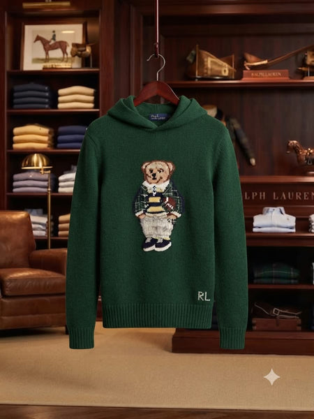 Premium Exclusive High-End Authentic Forest Green Knit Hoodie with Embroidered Bear Graphic