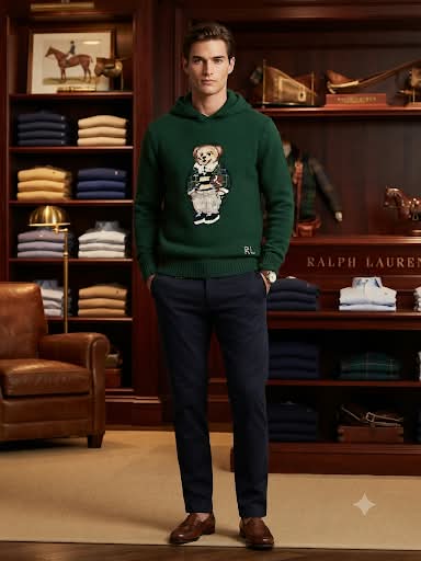 Premium Exclusive High-End Authentic Forest Green Knit Hoodie with Embroidered Bear Graphic