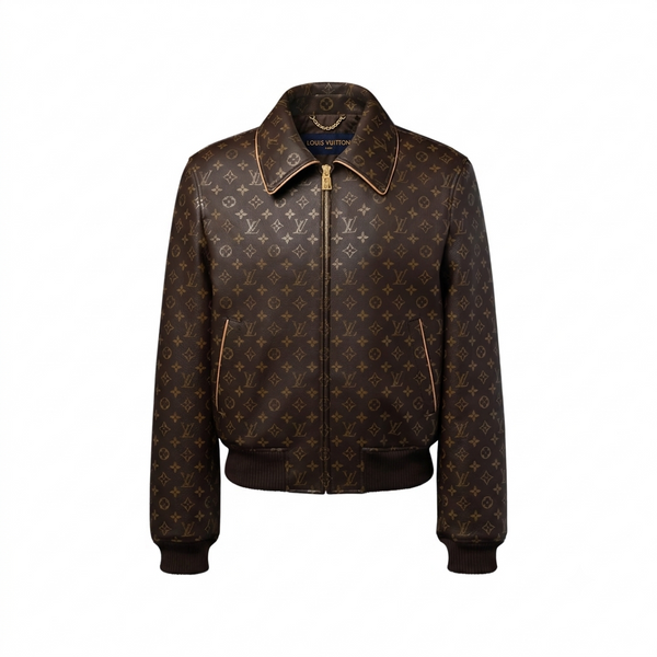 Premium Exclusive High-End Authentic Brown Monogram Leather Bomber Jacket