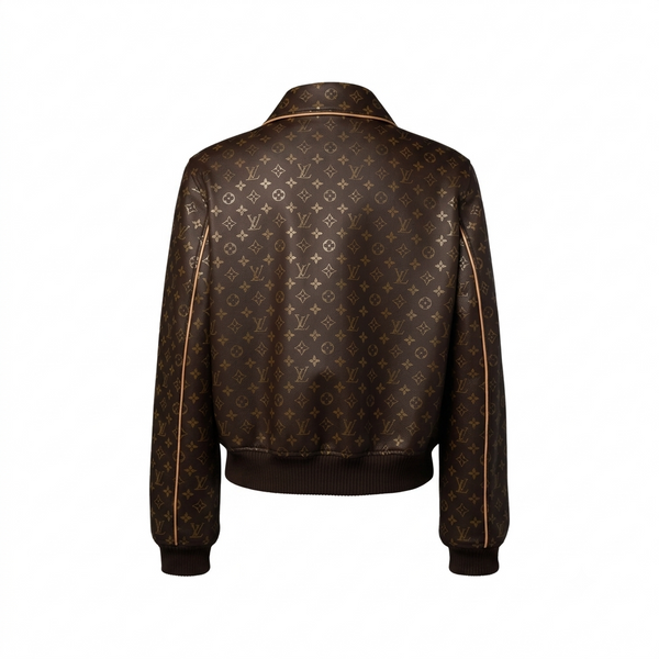 Premium Exclusive High-End Authentic Brown Monogram Leather Bomber Jacket