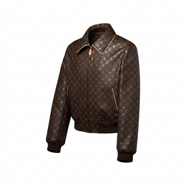 Premium Exclusive High-End Authentic Brown Monogram Leather Bomber Jacket
