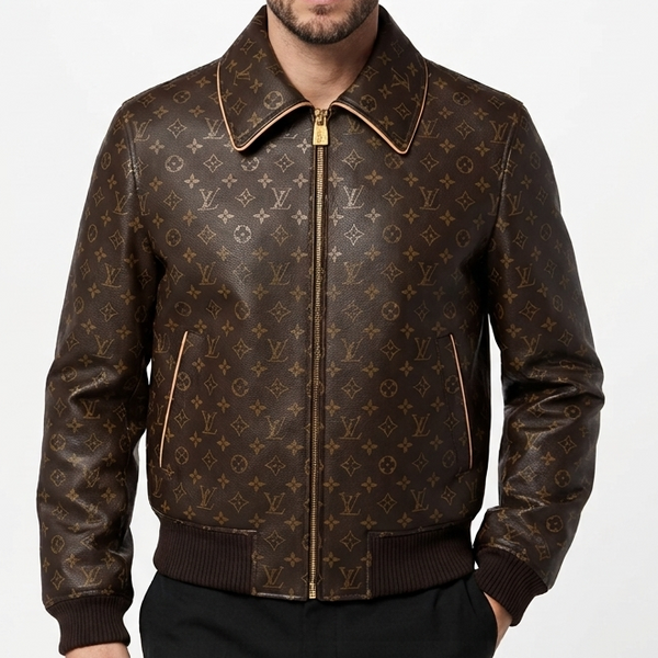Premium Exclusive High-End Authentic Brown Monogram Leather Bomber Jacket