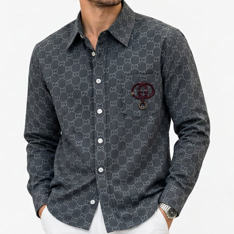 Premium Exclusive High-End Authentic Charcoal Monogram Print Regular Fit Shirt