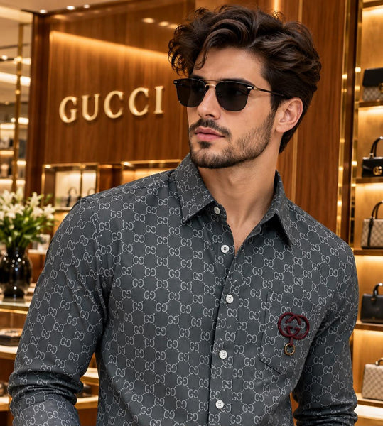 Premium Exclusive High-End Authentic Charcoal Monogram Print Regular Fit Shirt
