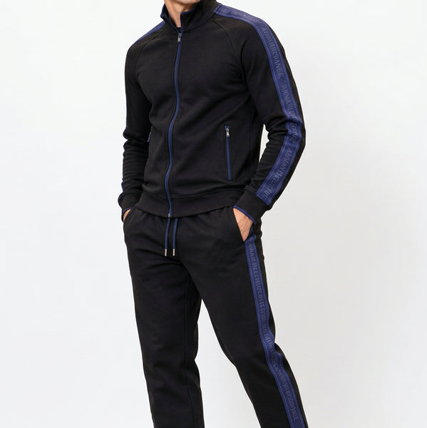 Premium Exclusive High-End Authentic Black Tracksuit Set with Blue Contrast Side Stripes
