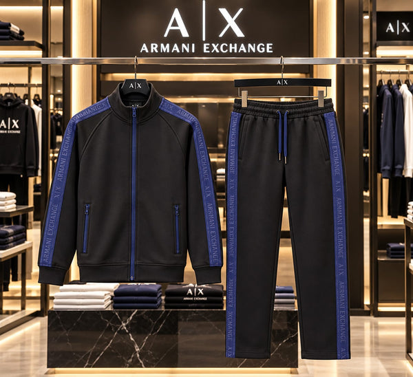 Premium Exclusive High-End Authentic Black Tracksuit Set with Blue Contrast Side Stripes