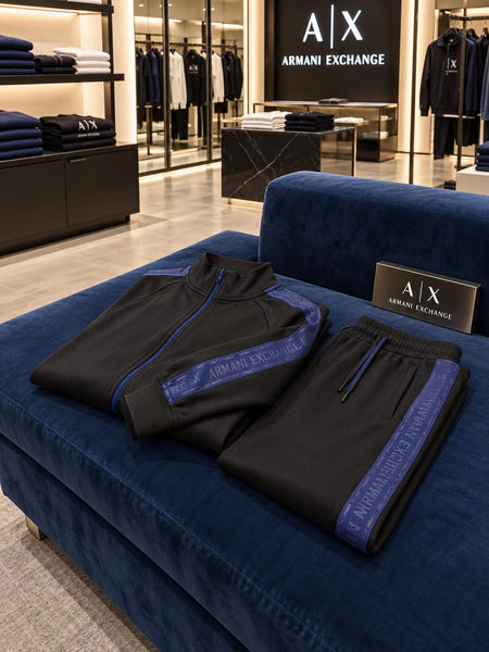 Premium Exclusive High-End Authentic Black Tracksuit Set with Blue Contrast Side Stripes