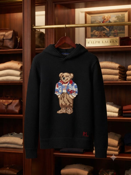 Premium Exclusive High-End Authentic Black Knit Hoodie with Embroidered Bear Graphic