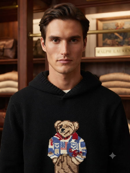 Premium Exclusive High-End Authentic Black Knit Hoodie with Embroidered Bear Graphic