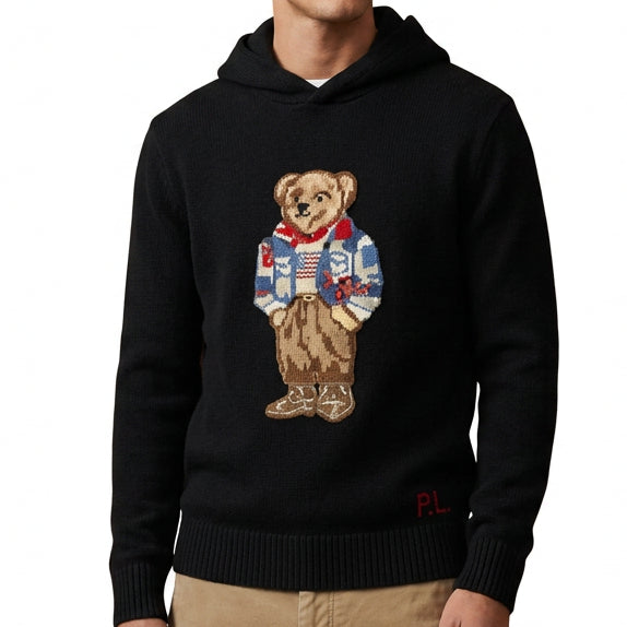 Premium Exclusive High-End Authentic Black Knit Hoodie with Embroidered Bear Graphic
