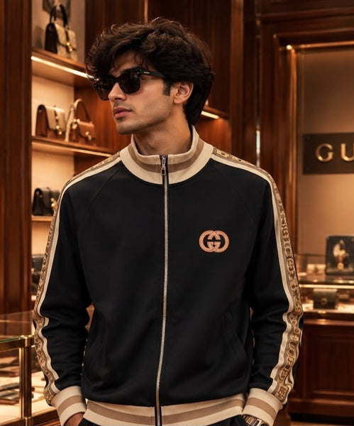 Premium Exclusive High-End Authentic Tracksuit Set with Beige Contrast Side Stripes
