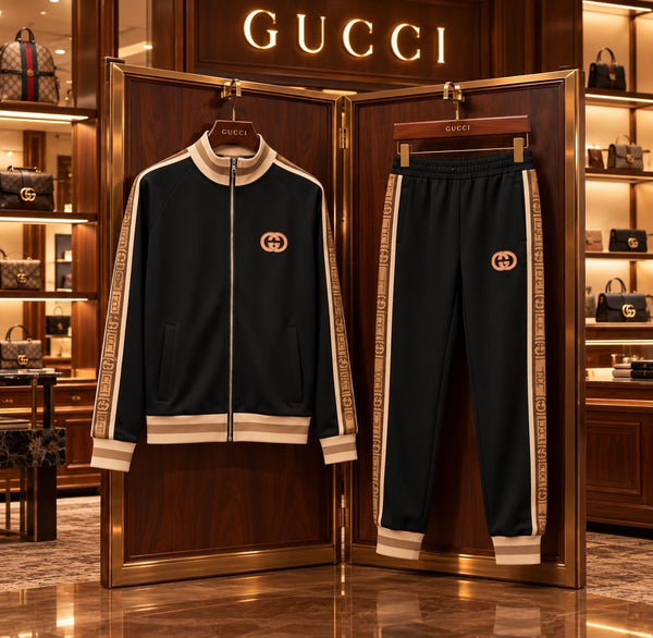 Premium Exclusive High-End Authentic Tracksuit Set with Beige Contrast Side Stripes