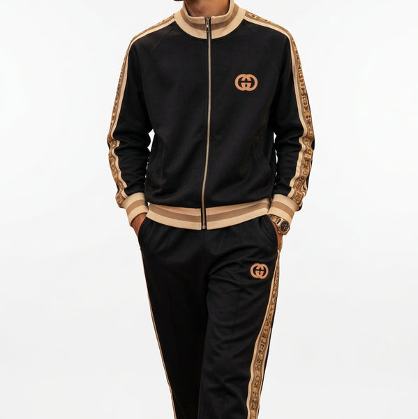 Premium Exclusive High-End Authentic Tracksuit Set with Beige Contrast Side Stripes