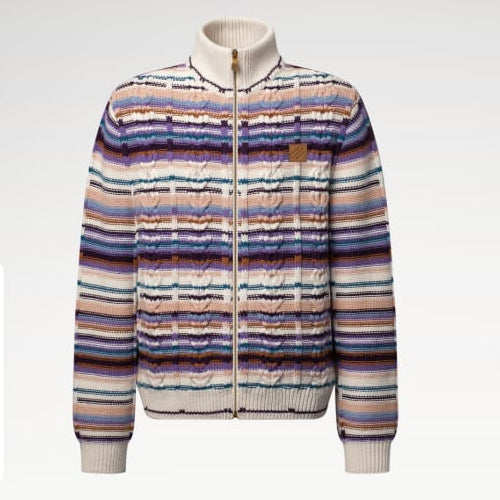 Premium Striped Knit Zip-Up Pullover with High Neck and Ribbed Cuffs