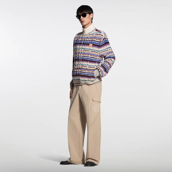 Premium Striped Knit Zip-Up Pullover with High Neck and Ribbed Cuffs