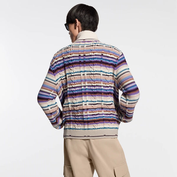 Premium Striped Knit Zip-Up Pullover with High Neck and Ribbed Cuffs