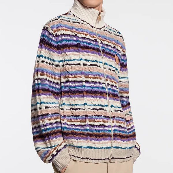 Premium Striped Knit Zip-Up Pullover with High Neck and Ribbed Cuffs
