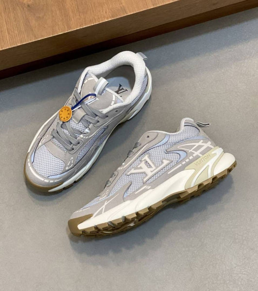 Chunky Sneakers – Grey Mesh & Suede Lace-Up Running Style Shoes with Thick Sole
