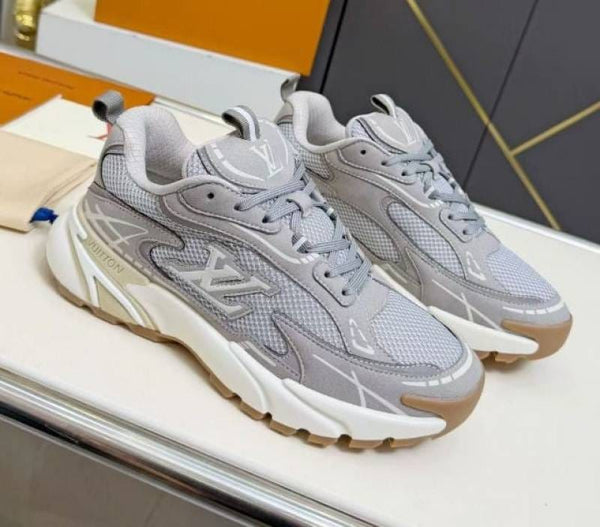 Chunky Sneakers – Grey Mesh & Suede Lace-Up Running Style Shoes with Thick Sole