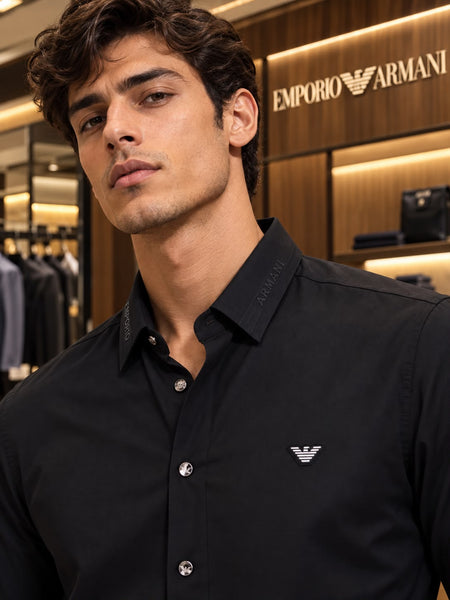 Elegance Regular Fit Black Formal Shirt with Logo Patch & Branded Collar