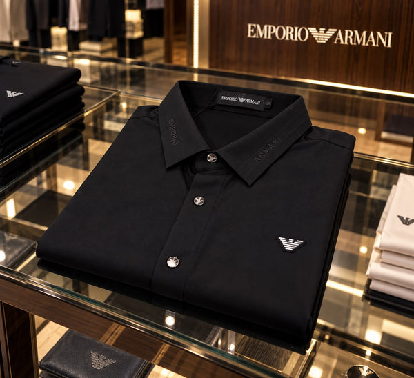 Elegance Regular Fit Black Formal Shirt with Logo Patch & Branded Collar