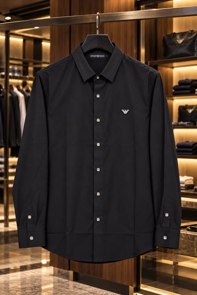 Elegance Regular Fit Black Formal Shirt with Logo Patch & Branded Collar