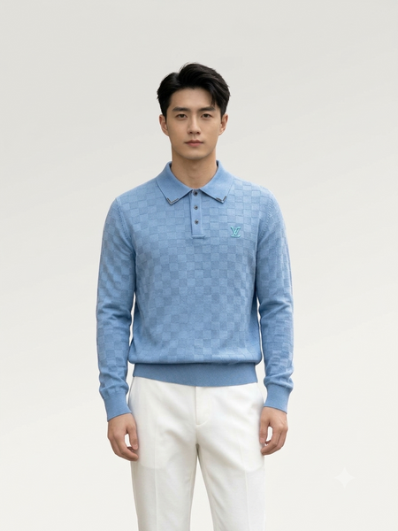 Premium Textured Knit Long-Sleeve Polo Pullover
