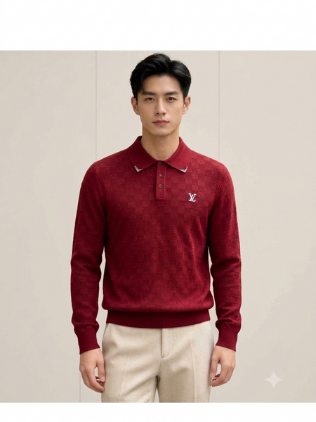 Premium Textured Knit Long-Sleeve Polo Pullover